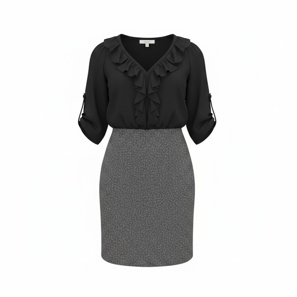 LOFT Dresses & Skirts - Ann Taylor Loft Black Ruffle Top Grey Wool Blend Tweed Skirt Sheath Dress Size 0